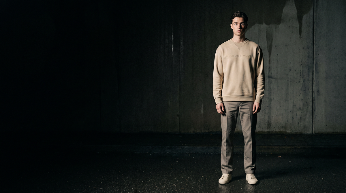 ELLISON & MOOR — sweat col rond sable et pantalon droit grège, de nuit