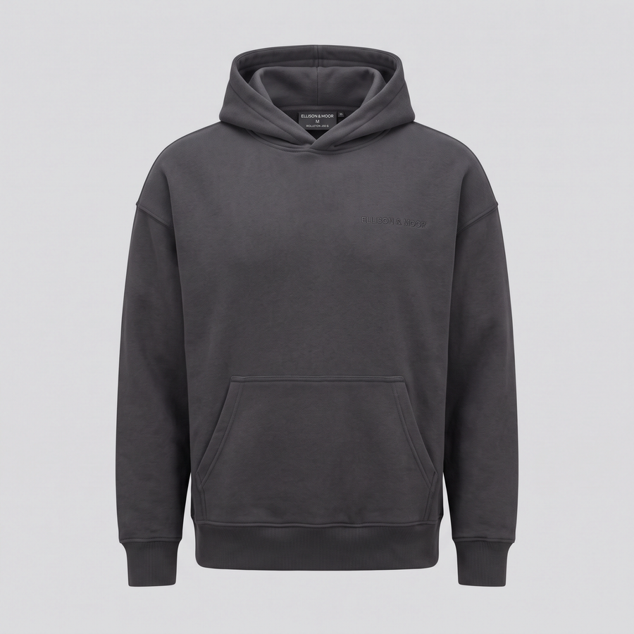 Hoodie lourd, charbon, vue de face — ELLISON & MOOR