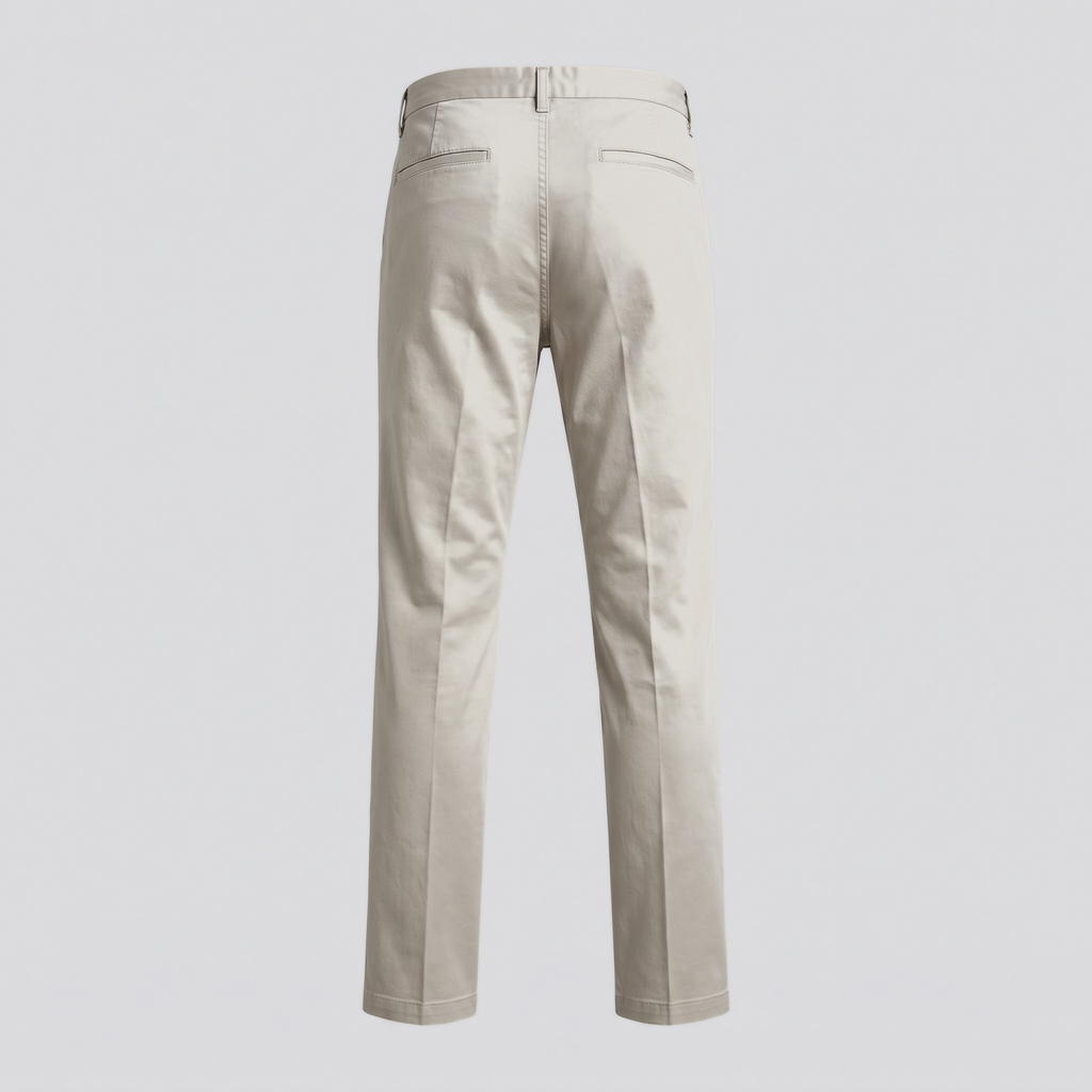 Pantalon droit en sergé, grège, vue de dos — ELLISON & MOOR