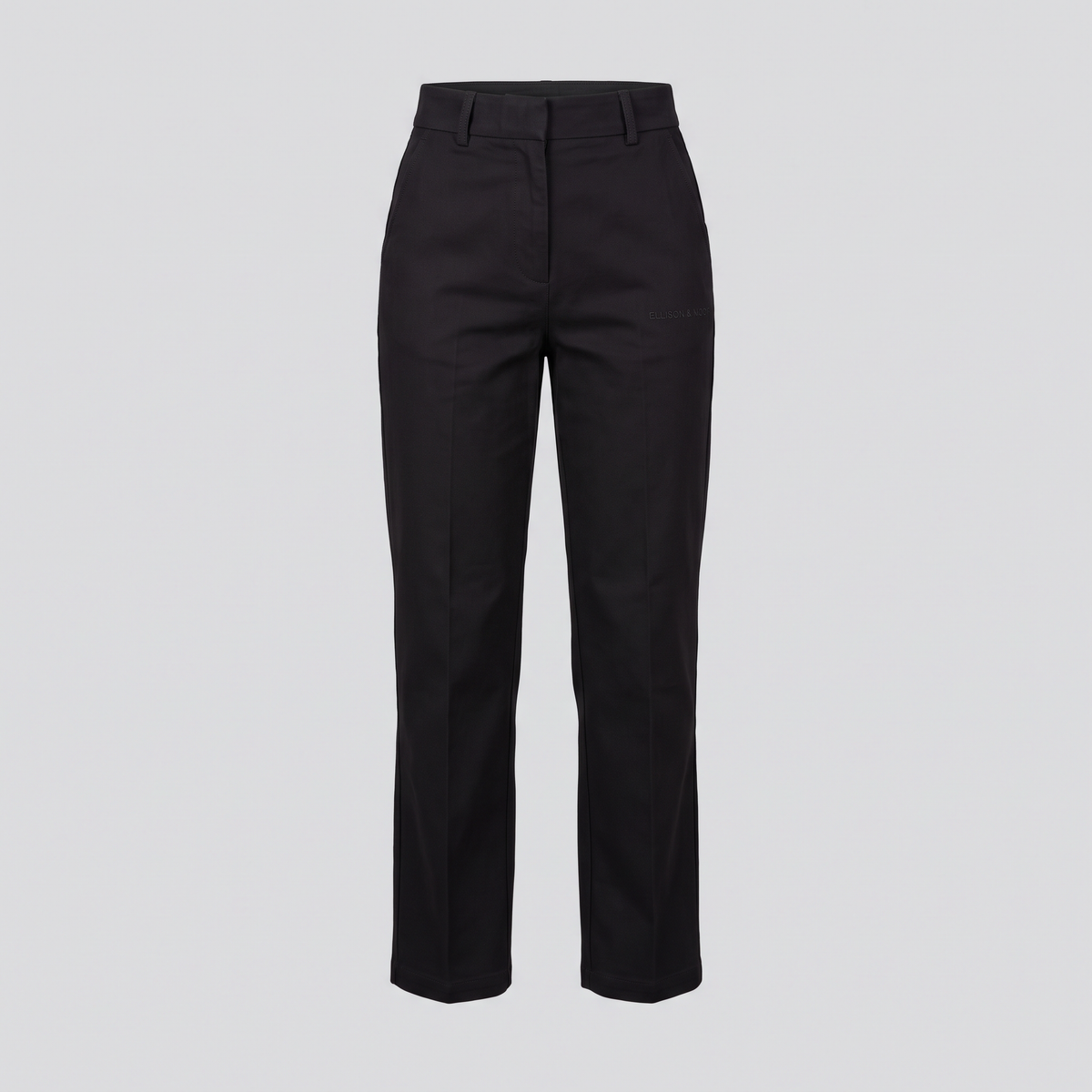 Pantalon droit taille haute, noir, vue de face — ELLISON & MOOR