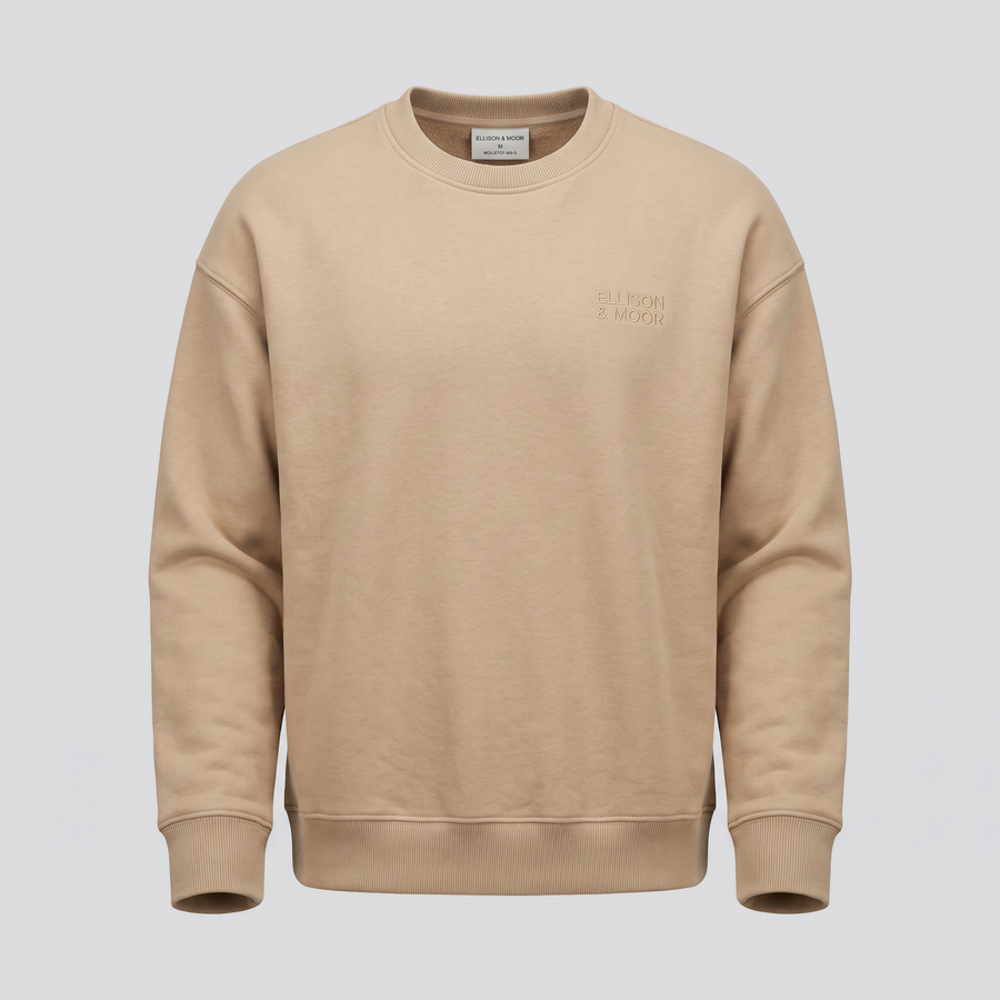 Sweat col rond, sable, vue de face — ELLISON & MOOR