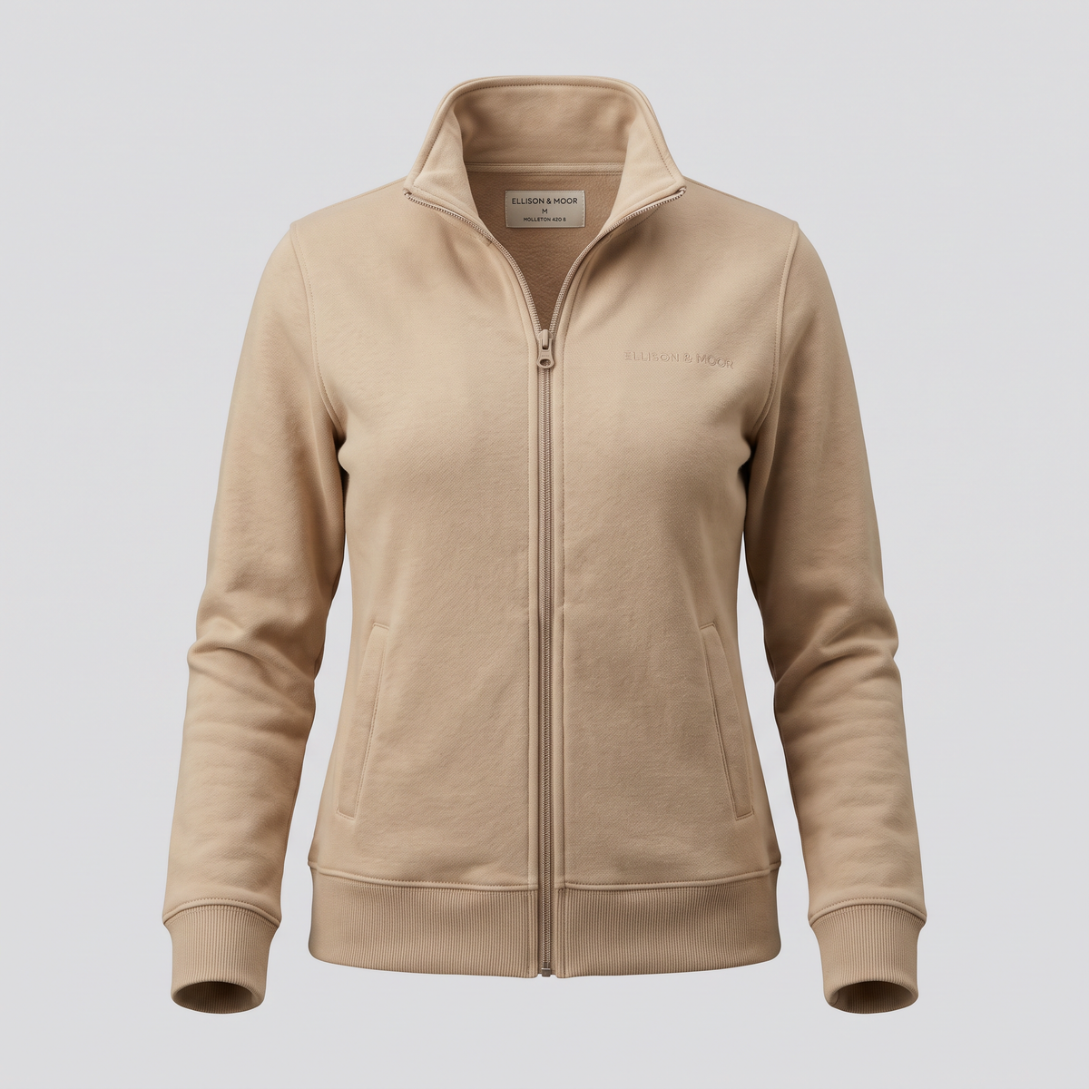 Sweat zippé, sable, vue de face — ELLISON & MOOR