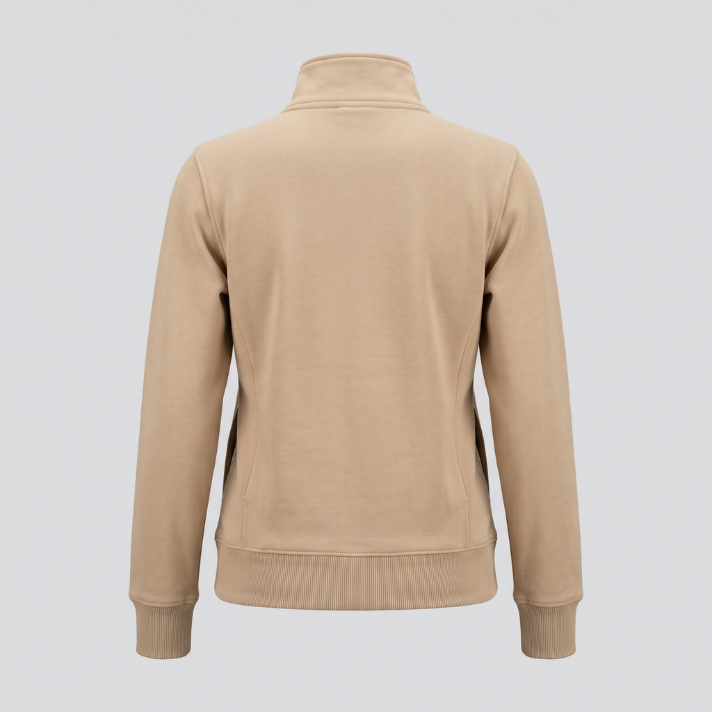 Sweat zippé, sable, vue de dos — ELLISON & MOOR