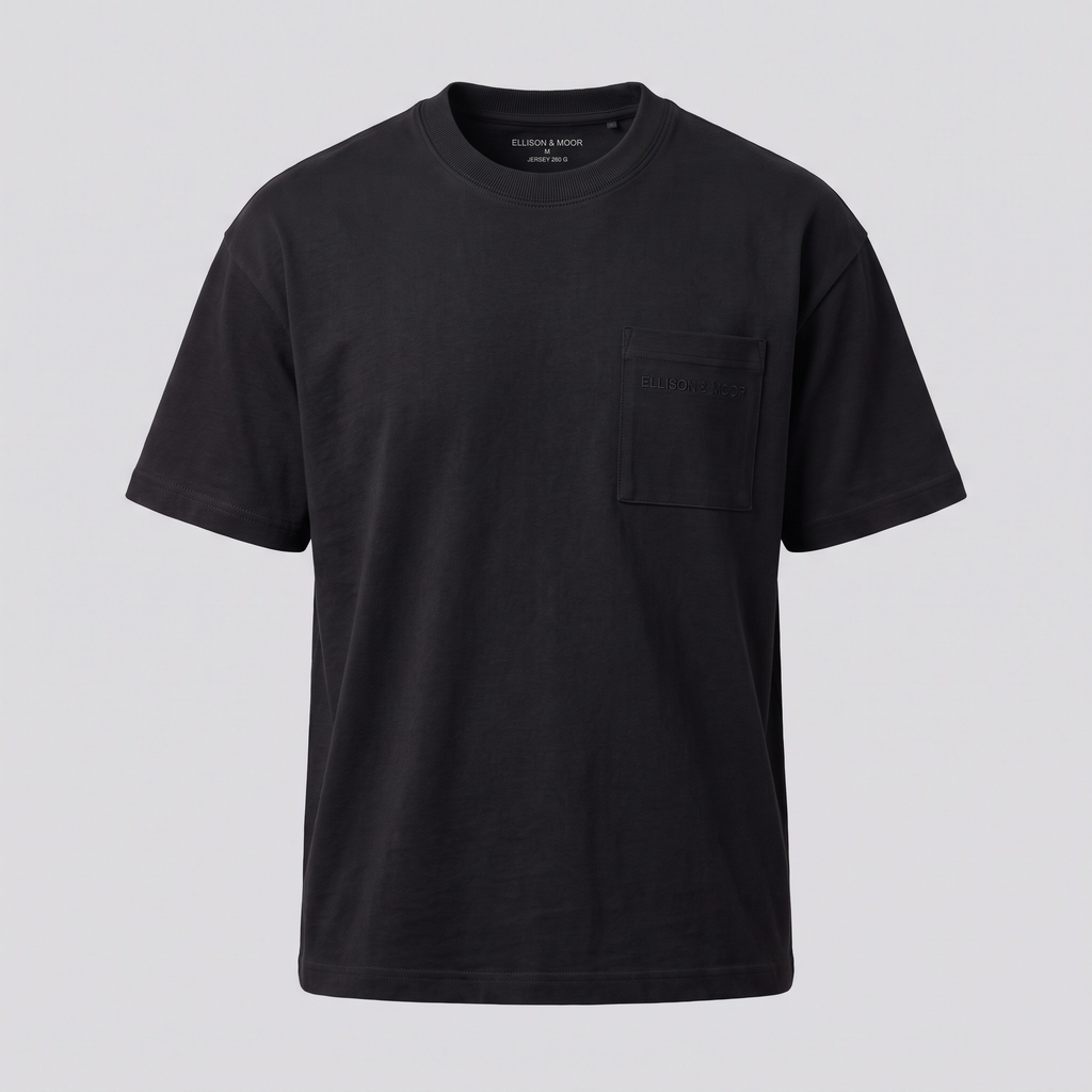 T-shirt lourd à poche, noir, vue de face — ELLISON & MOOR