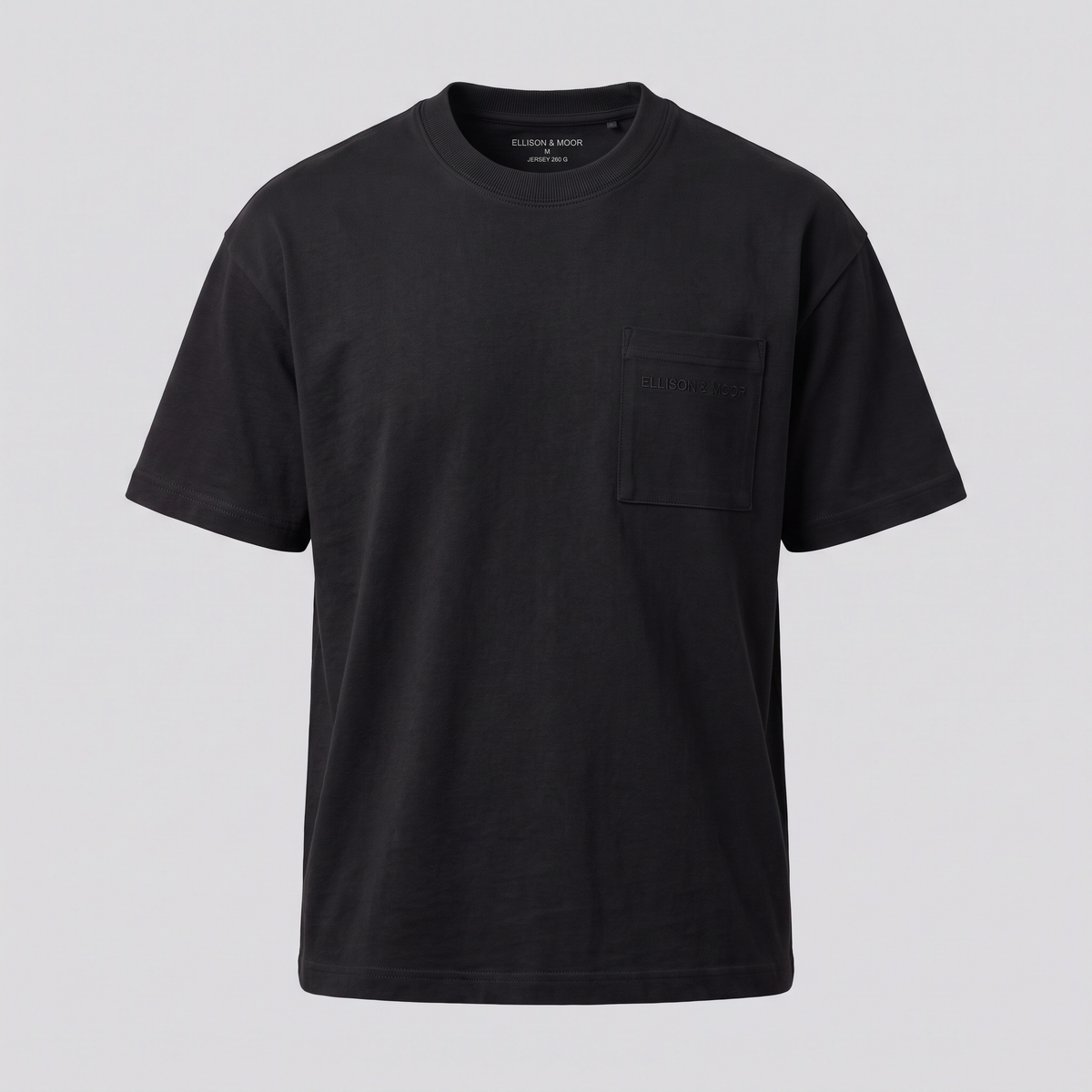T-shirt lourd à poche, noir, vue de face — ELLISON & MOOR